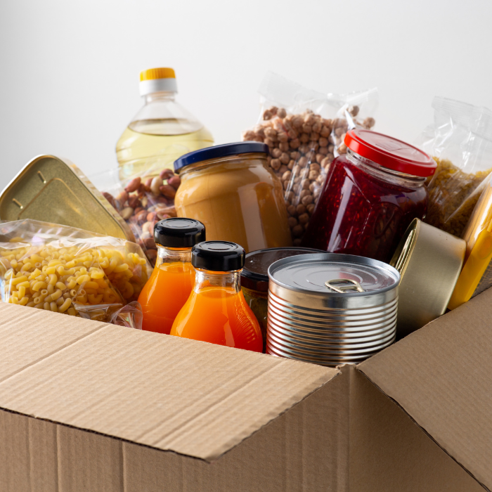 cardboard box of nonperishable food for food drive